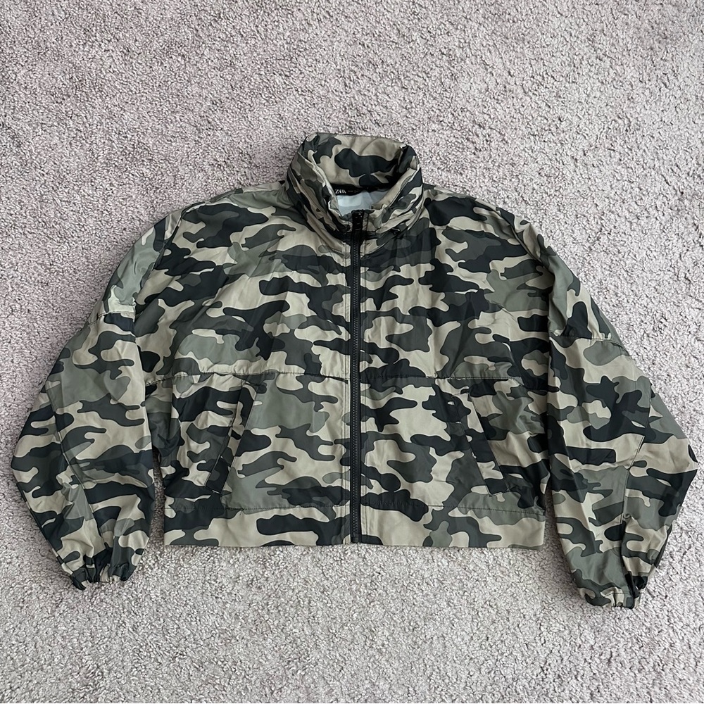 Zara Camo Cropped Packable Hood Dolman Sleeve Jacket Womens XS